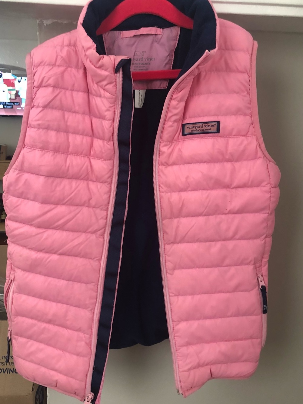 Vineyard Vines Girls Pink Quilted Puffer Vest with Navy Trim M 10-12